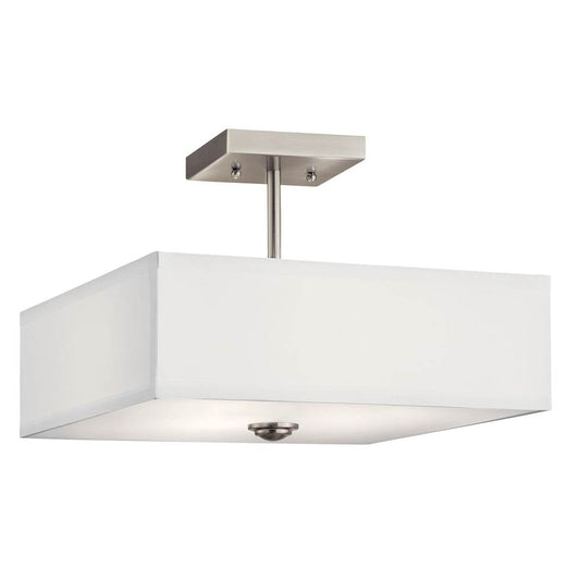 KICHLER 43691NI Shailene 14" 3 Light Square Semi Flush with Satin Etched White Diffuser and White Microfiber Shade in Brushed Nickel