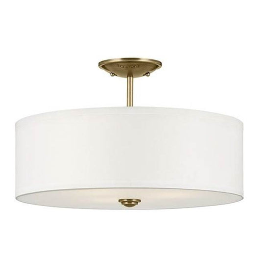 KICHLER 43692NBR Shailene 11.5" 3-Light Small Round Semi Flush with White Fabric Shade and Clear Satin Etched Diffuser in Natural Brass