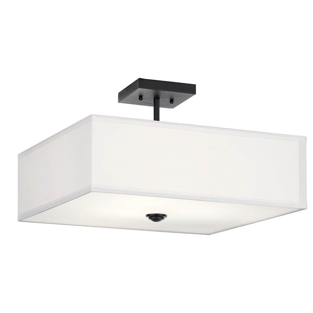 KICHLER 43693BK Shailene 18" 3 Light Square Semi Flush with Satin Etched White Diffuser and White Microfiber Shade in Brushed Nickel