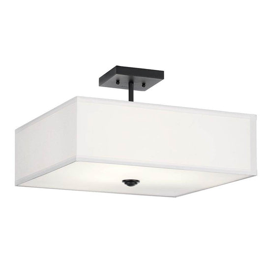 KICHLER 43693BK Shailene 18" 3 Light Square Semi Flush with Satin Etched White Diffuser and White Microfiber Shade in Brushed Nickel