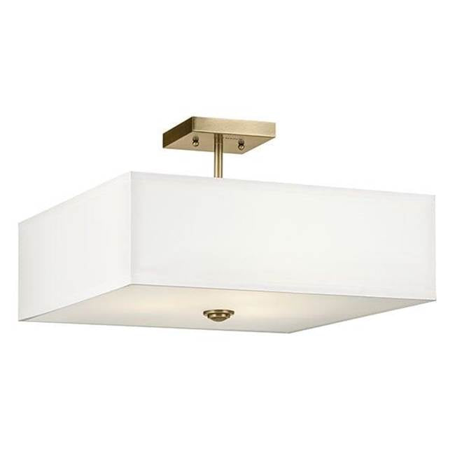 KICHLER 43693NBR Shailene 11.25" 3-Light Medium Square Semi Flush with White Fabric Shade and Clear Satin Etched Diffuser in Natural Brass