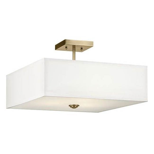KICHLER 43693NBR Shailene 11.25" 3-Light Medium Square Semi Flush with White Fabric Shade and Clear Satin Etched Diffuser in Natural Brass