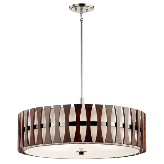 KICHLER 43754AUB Cirus 14" 5 Light Convertible Pendant with Tempered Etched Glass and White Linen in Auburn Stain