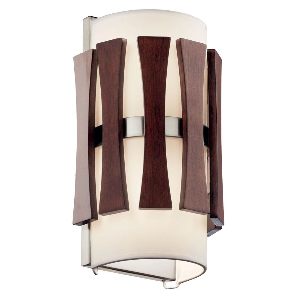 KICHLER 43756AUB Cirus 12.25" 2 Light Wall Sconce with Tempered Etched Glass and White Linen in Auburn Stain
