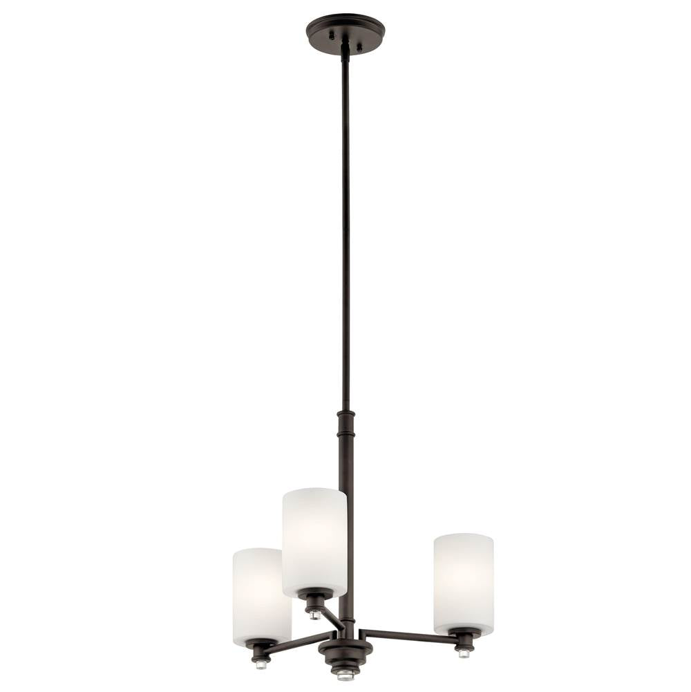 KICHLER 43922OZ Joelson 18.5" 3 Light Mini Chandelier with Satin Etched Cased Opal and Clear Glass Accent Glass in Olde Bronze