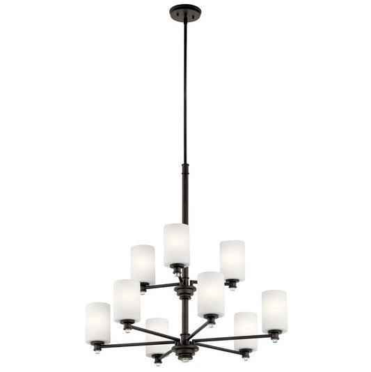KICHLER 43924OZ Joelson 33" 9 Light Chandelier with Satin Etched Cased Opal and Clear Glass Accent Glass in Olde Bronze