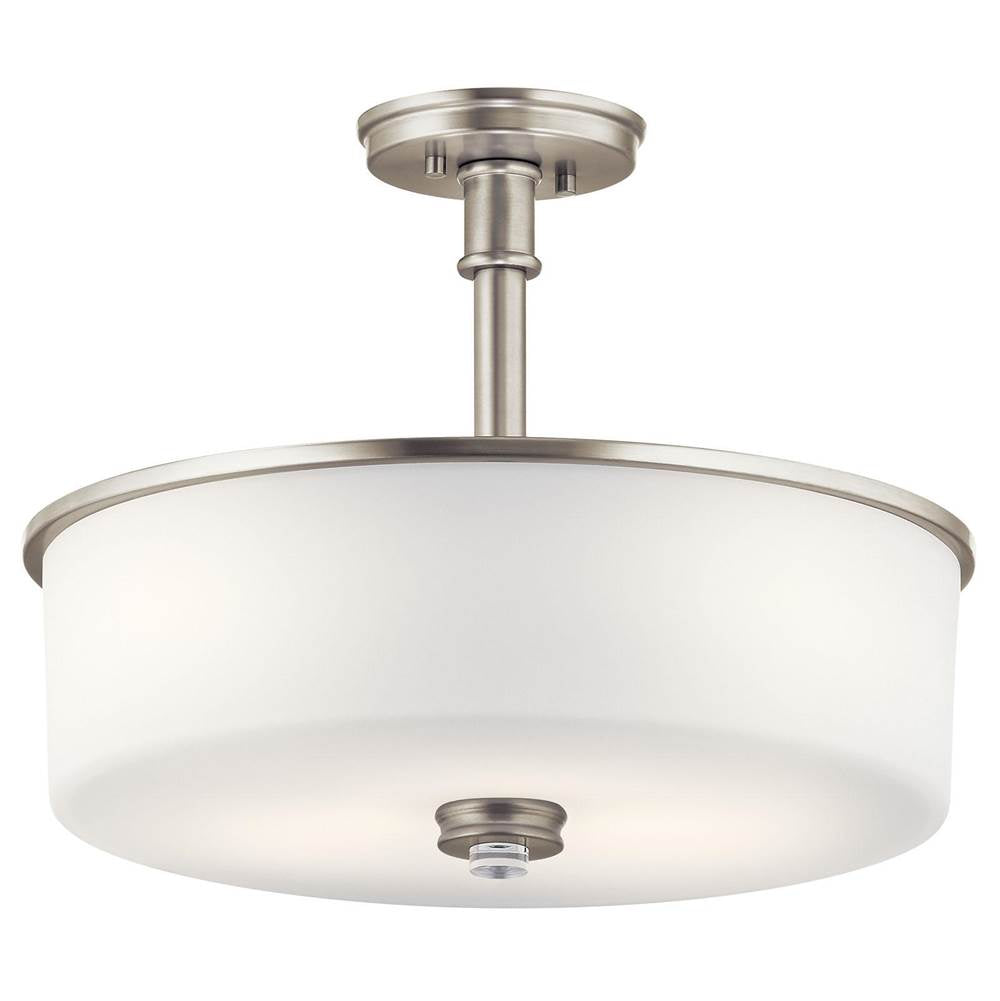 KICHLER 43925NI Joelson 17.75" 3 Light Convertible Pendant or Semi Flush with Satin Etched Cased Opal and Clear Glass Accent Glass in Brushed Nickel