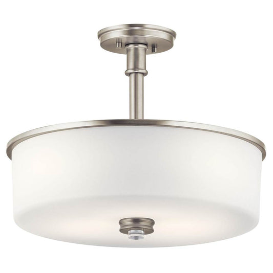 KICHLER 43925NI Joelson 17.75" 3 Light Convertible Pendant or Semi Flush with Satin Etched Cased Opal and Clear Glass Accent Glass in Brushed Nickel