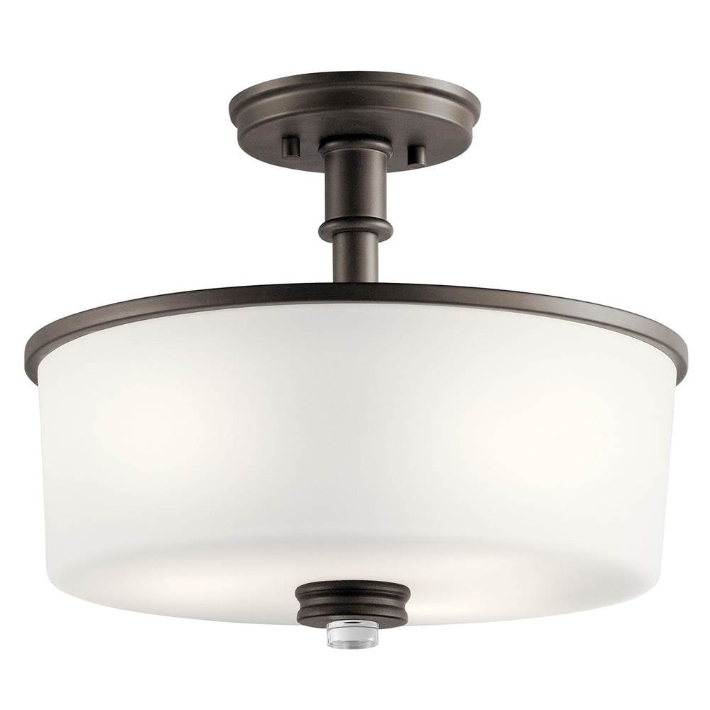 KICHLER 43926OZ Joelson 14.25" 3 Light Semi Flush with Satin Etched Cased Opal and Clear Glass Accent Glass in Olde Bronze