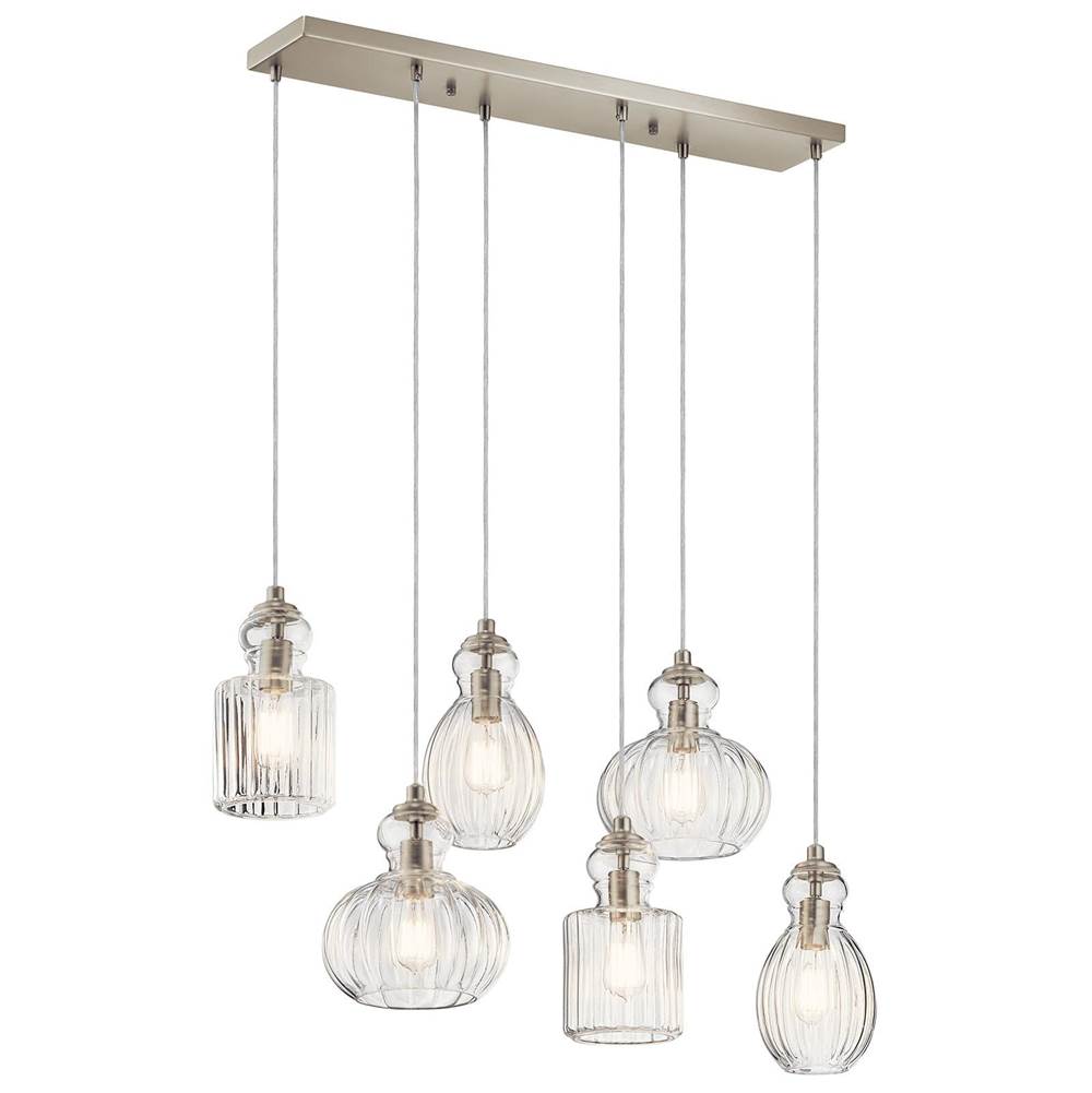KICHLER 43950NI Riviera 35.5" 6 Light Linear Chandelier with Clear Ribbed Glass in Brushed Nickel