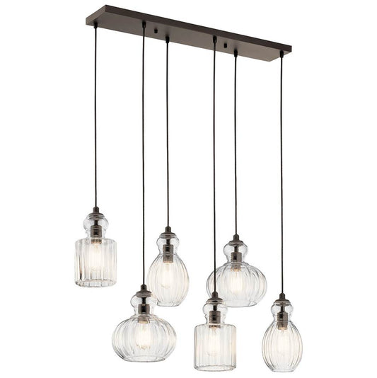 KICHLER 43950OZ Riviera 35.5" 6 Light Linear Chandelier with Clear Ribbed Glass in Olde Bronze