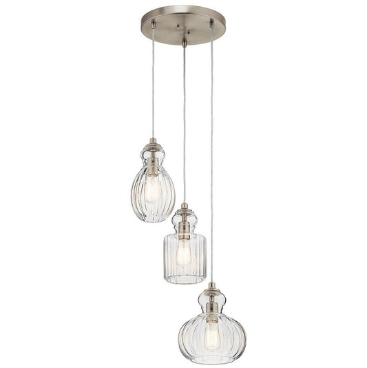 KICHLER 43952NI Riviera 10.25" 3 Light Pendant with Clear Ribbed Glass in Brushed Nickel