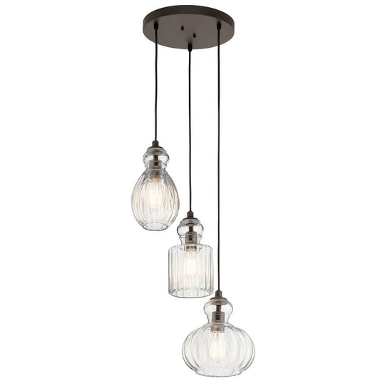KICHLER 43952OZ Riviera 10.25" 3 Light Pendant with Clear Ribbed Glass in Olde Bronze