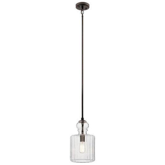 KICHLER 43954OZ Riviera 13.75" 1 Light Pendant with Clear Ribbed Glass in Olde Bronze