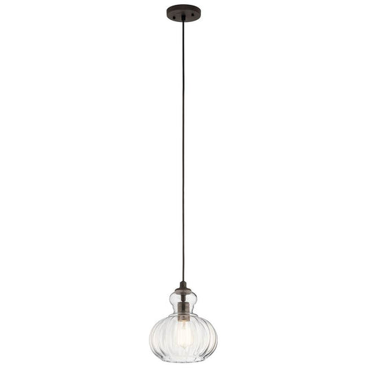 KICHLER 43956OZ Riviera 10.25" 1 Light Pendant with Clear Ribbed Glass in Olde Bronze