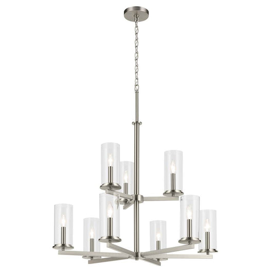 KICHLER 44014NI Crosby 32.5" 9-Light 2-Tier Chandelier with Clear Glass in Brushed Nickel