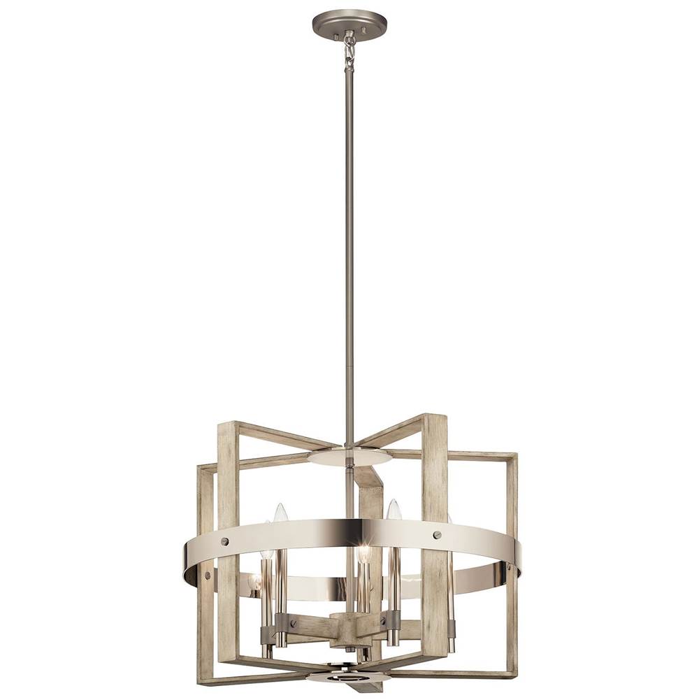 KICHLER 44290WWW Peyton 17.75" 5 Light Chandelier White Washed Wood and Polished and Satin Nickel Metal Details