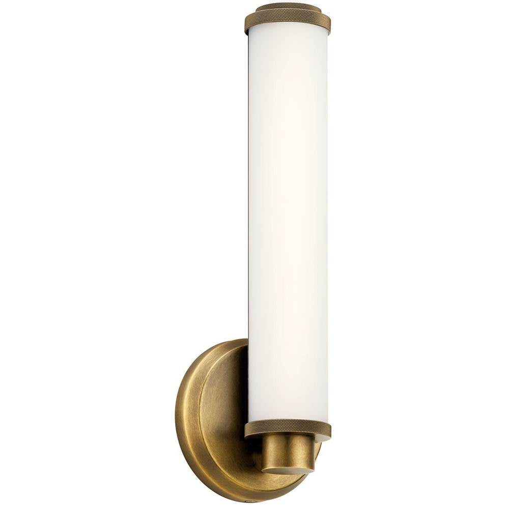 KICHLER 45686NBRLED Indeco 14.5" LED Linear Vanity Light with Satin Etched White Glass in Natural Brass