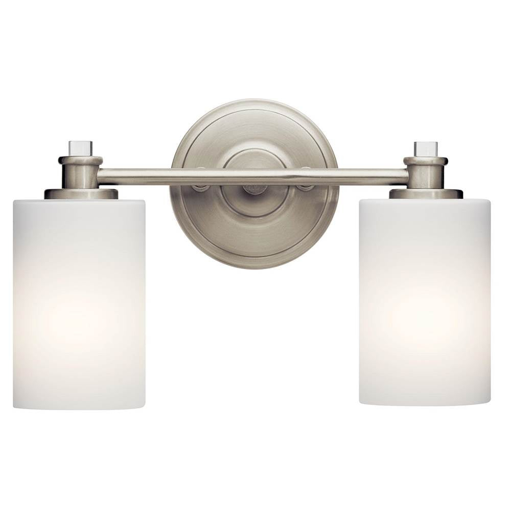 KICHLER 45922NI Joelson 14" 2 Light Vanity Light with Satin Etched Cased Opal and Clear Glass Accent Glass in Brushed Nickel