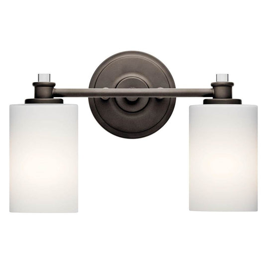 KICHLER 45922OZ Joelson 14" 2 Light Vanity Light with Satin Etched Cased Opal and Clear Glass Accent Glass in Olde Bronze