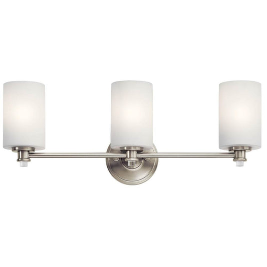 KICHLER 45923NI Joelson 24" 3 Light Vanity Light with Satin Etched Cased Opal and Clear Glass Accent Glass in Brushed Nickel