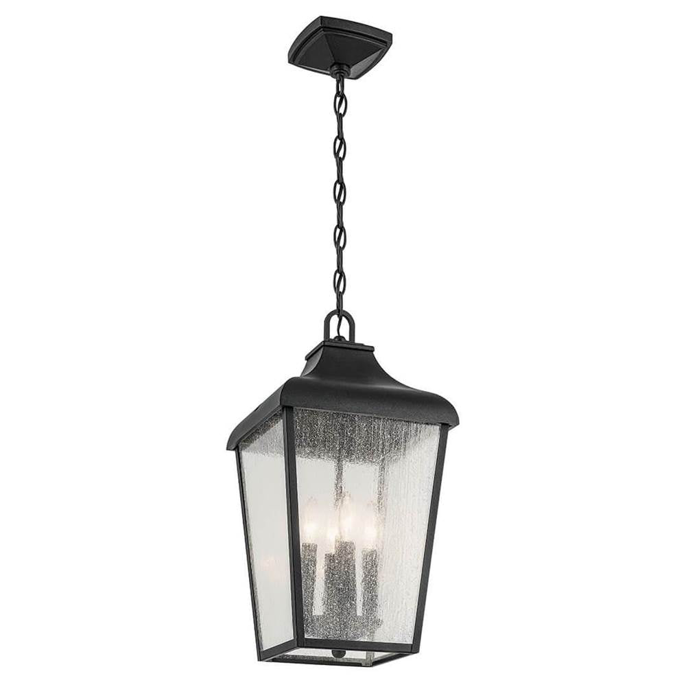KICHLER 49740BKT Forestdale 19.75" 4-Light Outdoor Hanging Pendant with Clear Water Glass in Textured Black