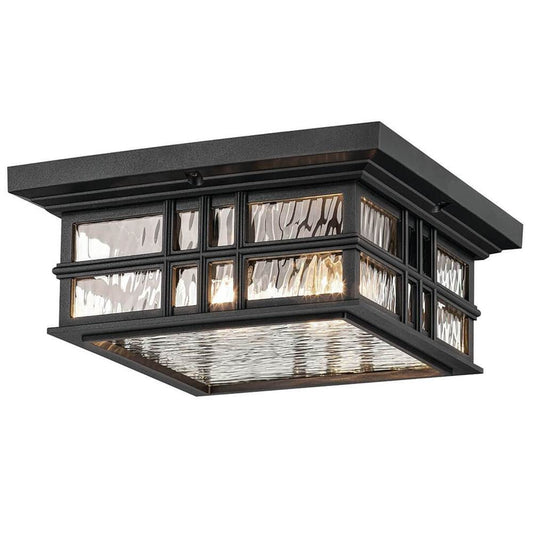 KICHLER 49834BKT Beacon Square 12" 2-Light Outdoor Ceiling Light with Clear Hammered Glass in Textured Black