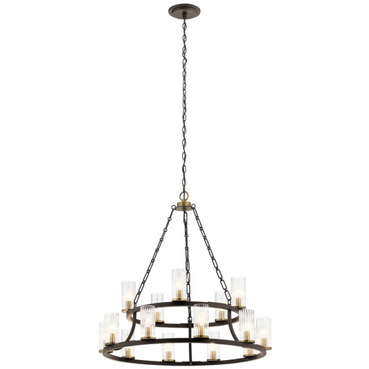KICHLER 52109OZ Mathias 31" 15 Light 2 Tier Chandelier with Clear Ribbed Glass in Olde Bronze
