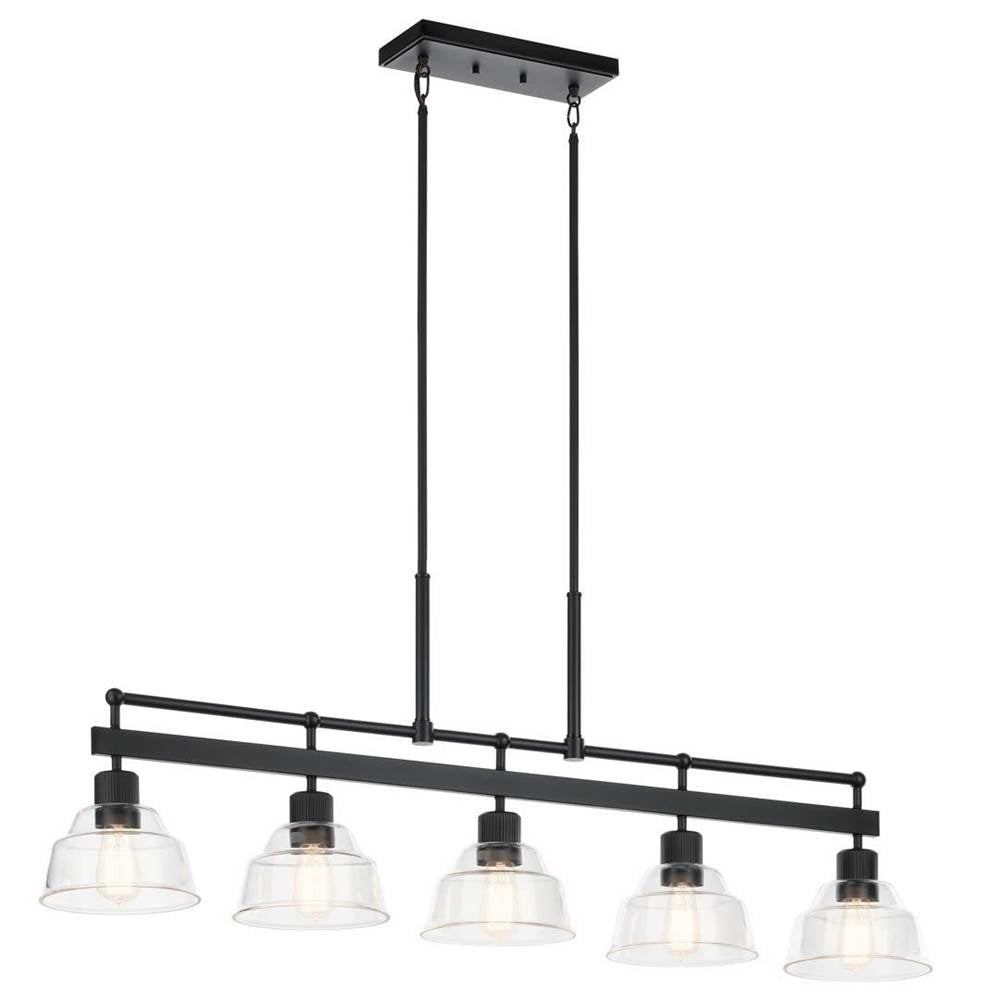 KICHLER 52404BK Eastmont 5 Light Linear Chandelier with Clear Glass Black and Walnut Wood