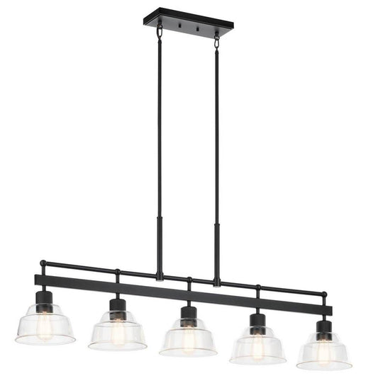 KICHLER 52404BK Eastmont 5 Light Linear Chandelier with Clear Glass Black and Walnut Wood