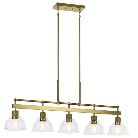 KICHLER 52404BNB Eastmont 5 Light Linear Chandelier with Clear Glass Brushed Natural Brass and Walnut Wood