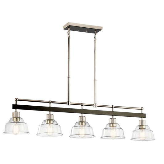KICHLER 52404PN Eastmont 5 Light Linear Chandelier with Clear Glass Polished Nickel and Walnut Wood