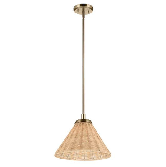KICHLER 52728CPZ Bekah 14.25 Inch 1 Light Convertible Pendant with Opal Glass and Handwoven Rattan Shade in Champagne Bronze