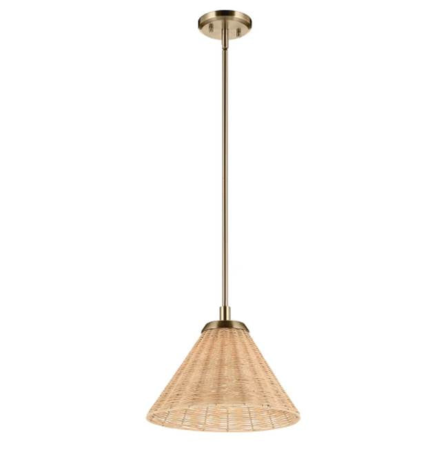 KICHLER 52728CPZ Bekah 14.25 Inch 1 Light Convertible Pendant With Opal Glass And Handwoven Rattan Shade In Champagne Bronze