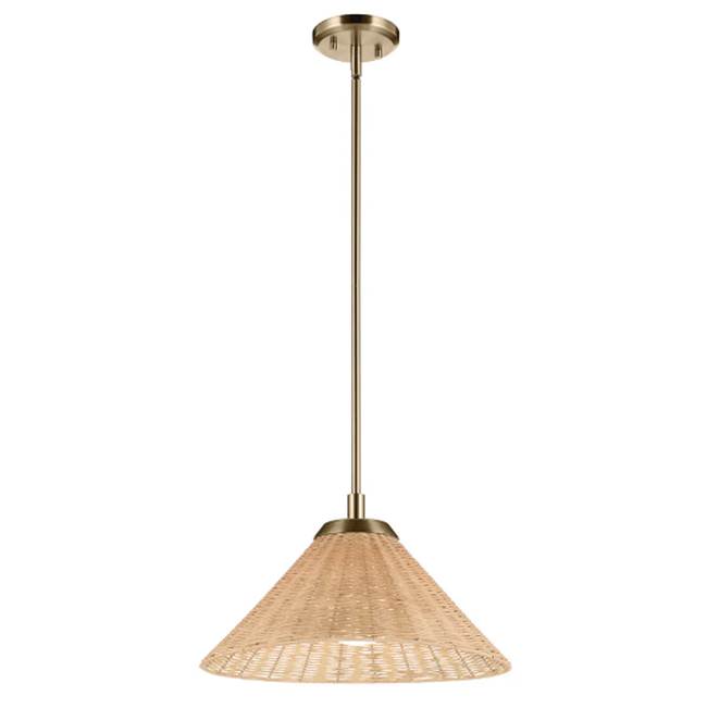 KICHLER 52729CPZ Bekah 18 Inch 1 Light Convertible Pendant With Opal Glass And Handwoven Rattan Shade In Champagne Bronze