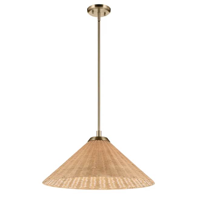KICHLER 52730CPZ Bekah 24.25 Inch 1 Light Convertible Pendant With Opal Glass And Handwoven Rattan Shade In Champagne Bronze
