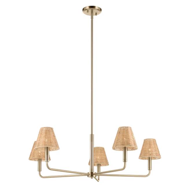 KICHLER 52731CPZ Bekah 38 Inch 5 Light Chandelier With Handwoven Rattan Shade In Champagne Bronze