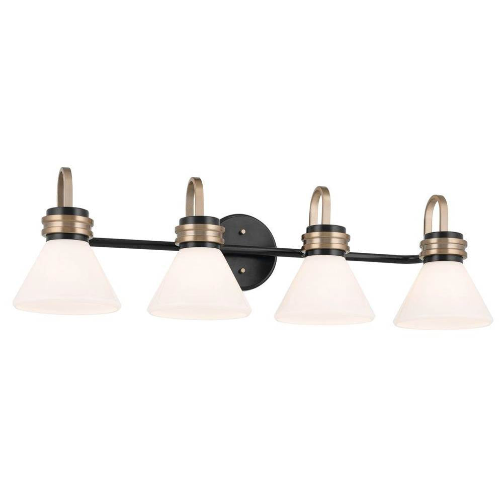 KICHLER 55156BK Farum 34 Inch 4 Light Vanity with Opal Glass in Black with Champagne Bronze