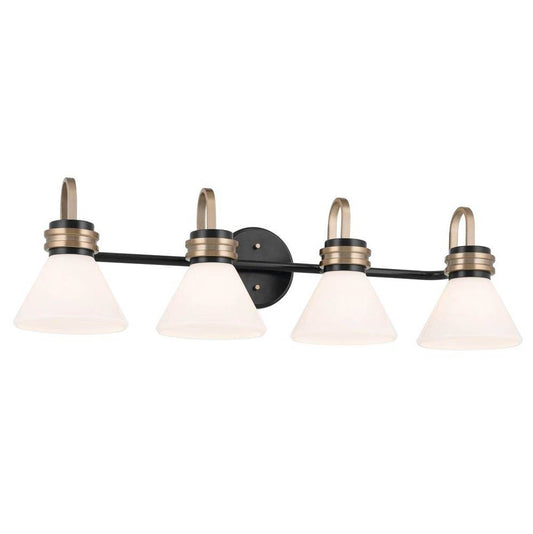 KICHLER 55156BK Farum 34 Inch 4 Light Vanity with Opal Glass in Black with Champagne Bronze