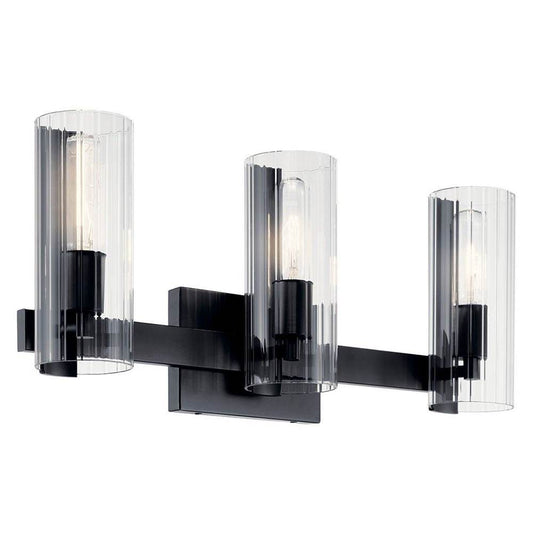 KICHLER 55168BK Jemsa 22.75 Inch 3 Light Vanity with Clear Fluted Glass in Black
