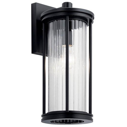 KICHLER 59023BK Barras 16" 1 Light Outdoor Wall Light with Clear Ribbed Glass in Black