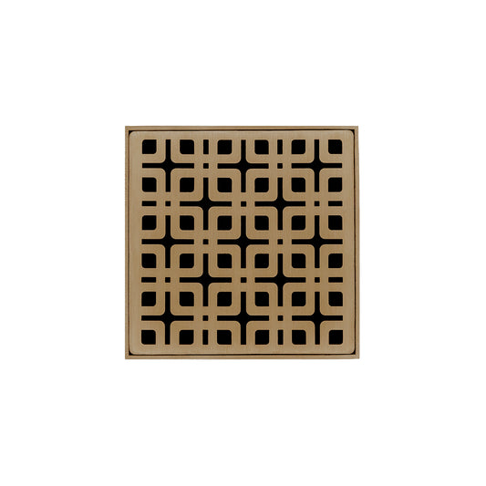 INFINITY DRAIN KDB 4-P SB KD 4 4" x 4" KDB 4 Complete Kit with Link Pattern Decorative Plate in Satin Bronze with PVC Bonded Flange Drain Body, 2", 3" and 4" Outlet