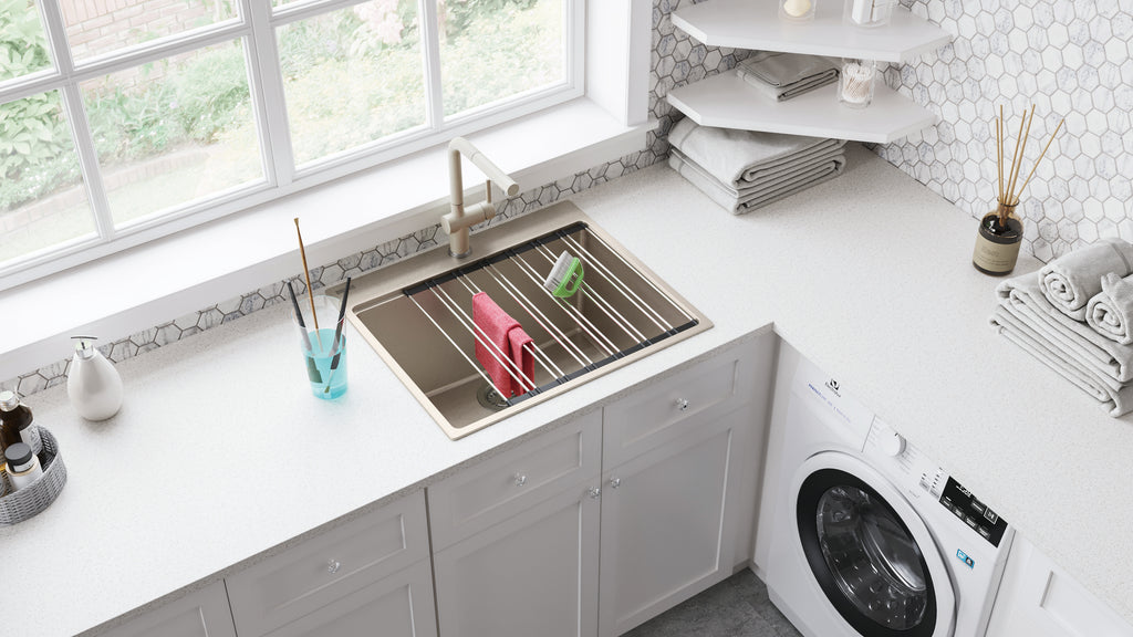 FRANKE MAG61023L-CHA Maris Dual Mount 25-in x 22-in Granite Dual Mount Single Bowl Laundry Sink in Champagne In Champagne