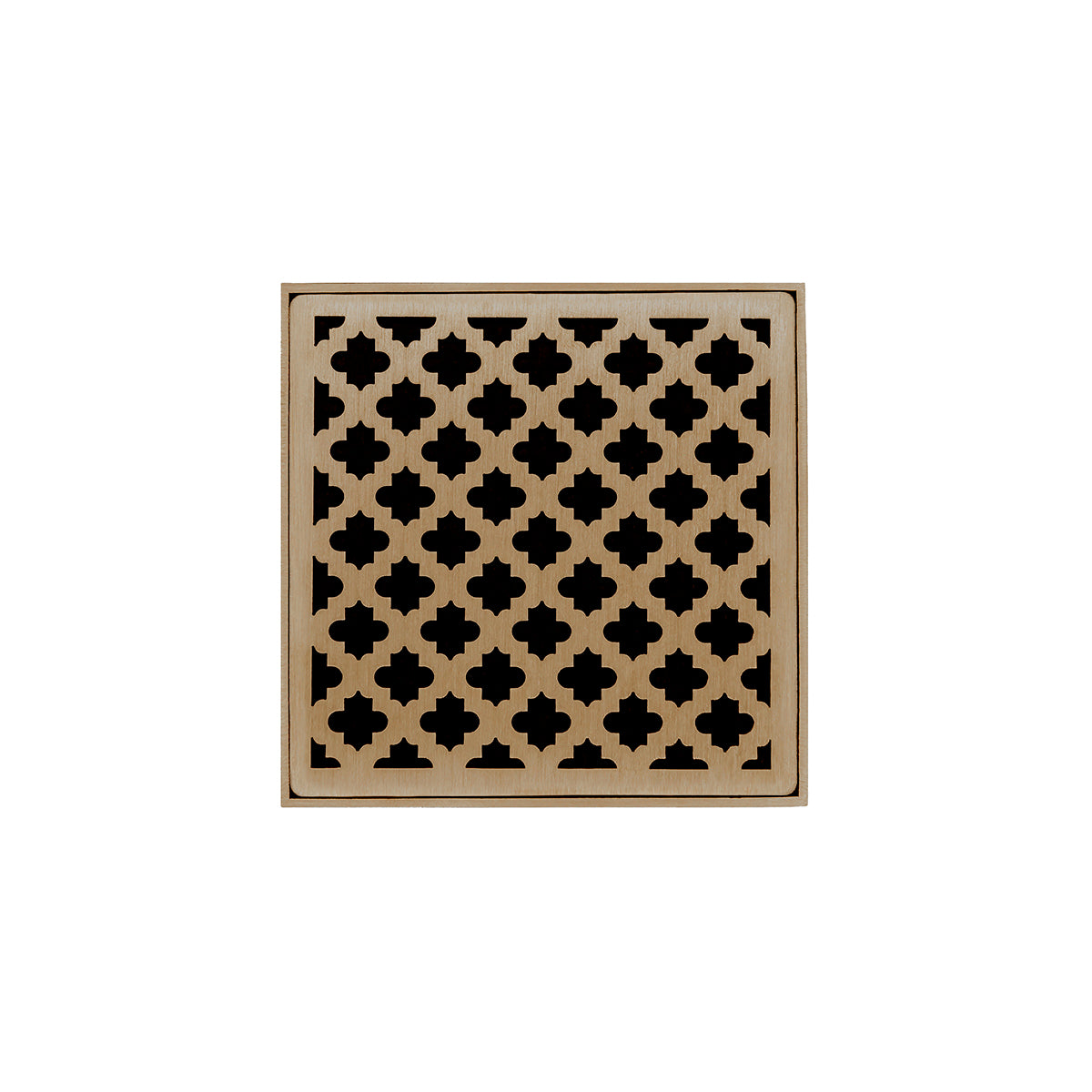 INFINITY DRAIN MD 4-2H SC MD 4 4" x 4" MD 4 Complete Kit with Moor Pattern Decorative Plate in Satin Champagne with Cast Iron Drain Body for Hot Mop, 2" Outlet