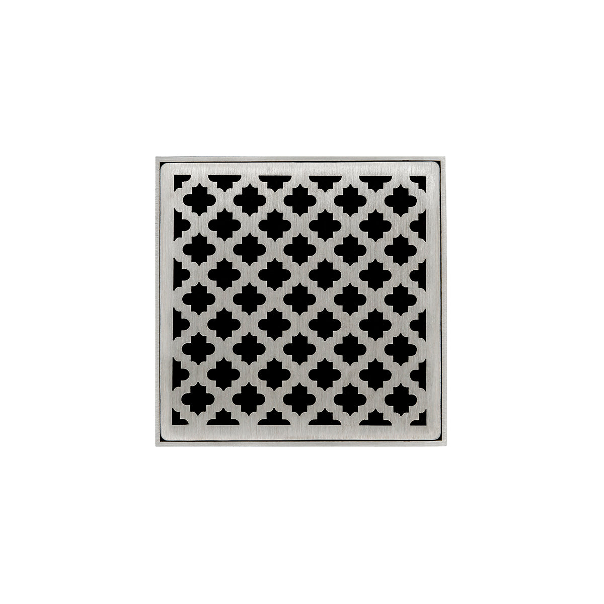 INFINITY DRAIN MD 4-2I SS MD 4 4" x 4" MD 4 Complete Kit with Moor Pattern Decorative Plate in Satin Stainless with Cast Iron Drain Body, 2" Outlet