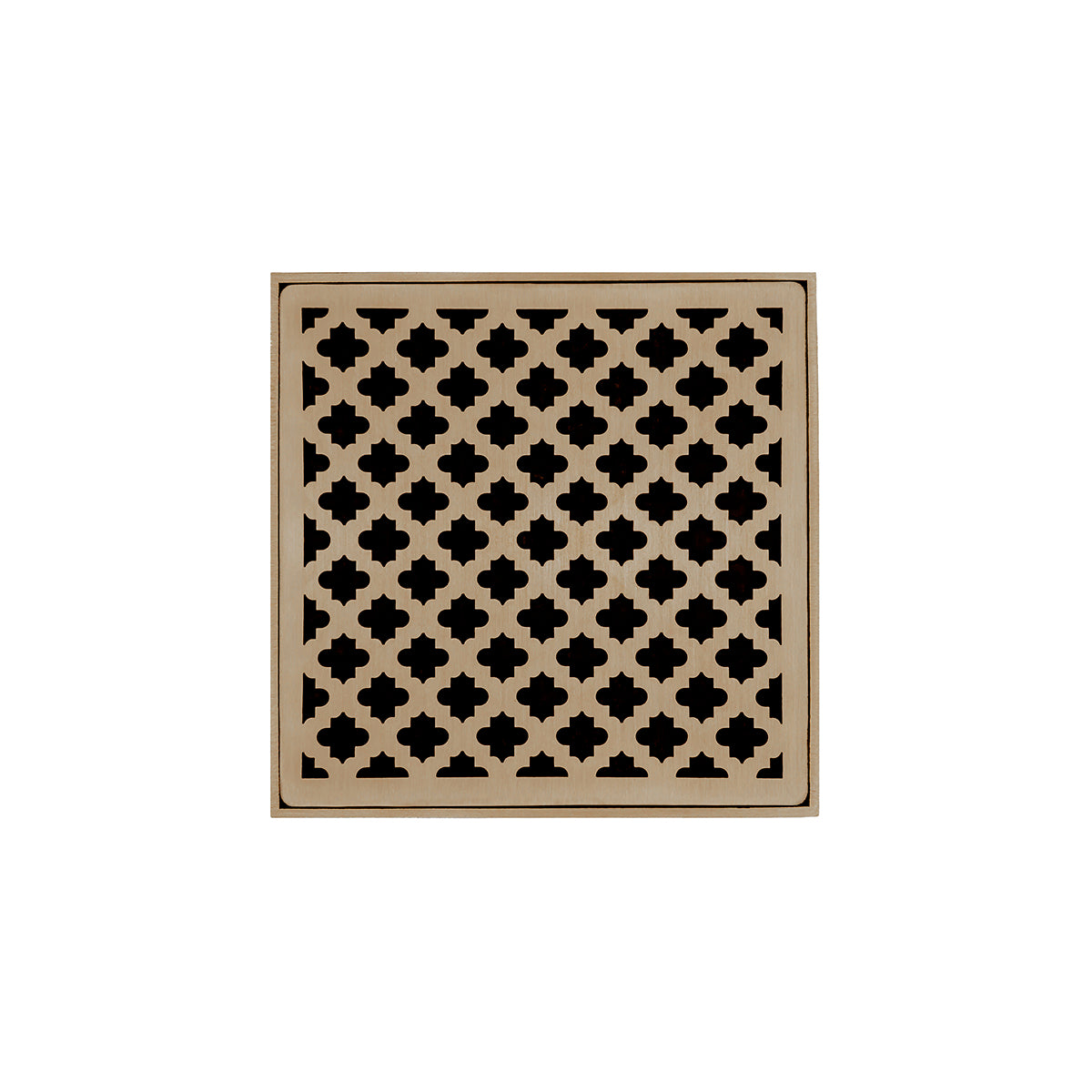 INFINITY DRAIN MD 5-3I SC MD 5 5" x 5" MD 5 High Flow Complete Kit with Moor Pattern Decorative Plate in Satin Champagne with Cast Iron Drain Body, 3" No-Hub Outlet