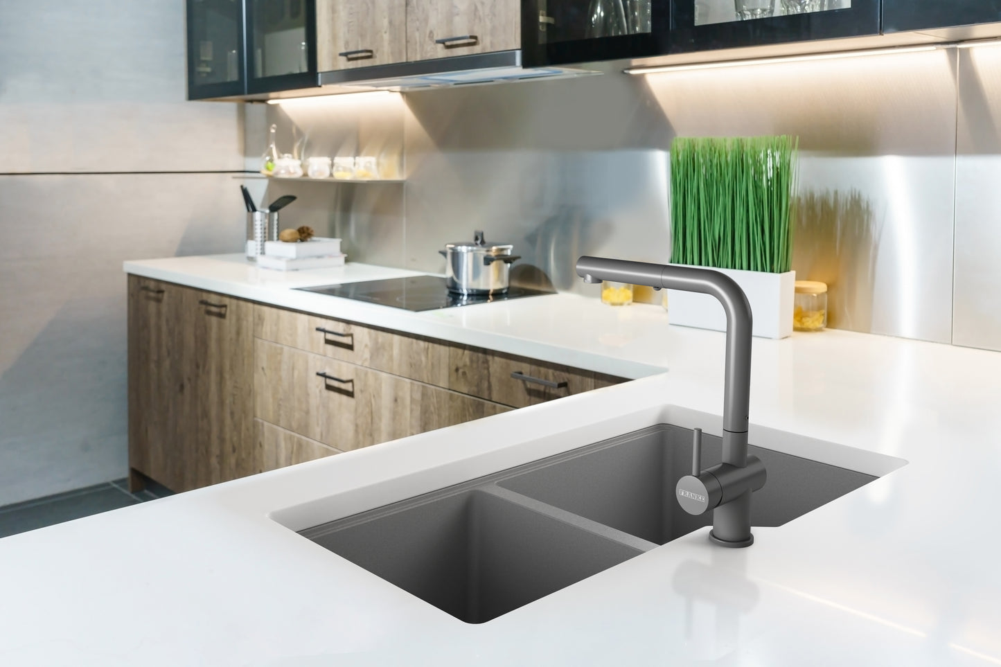 KINDRED MGC2034U-9SGN Granite Series 33.88-in LR x 19.69-in FB Undermount Double Bowl Granite Kitchen Sink in Stone Grey In Stone Grey