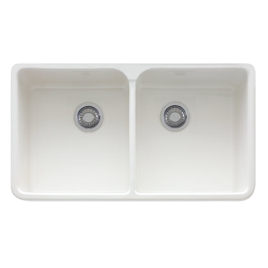 FRANKE MHK720-35WH Manor House 35.5-in. x 21.62-in. White Apron Front Double Bowl Fireclay Kitchen Sink - MHK720-35WH In White