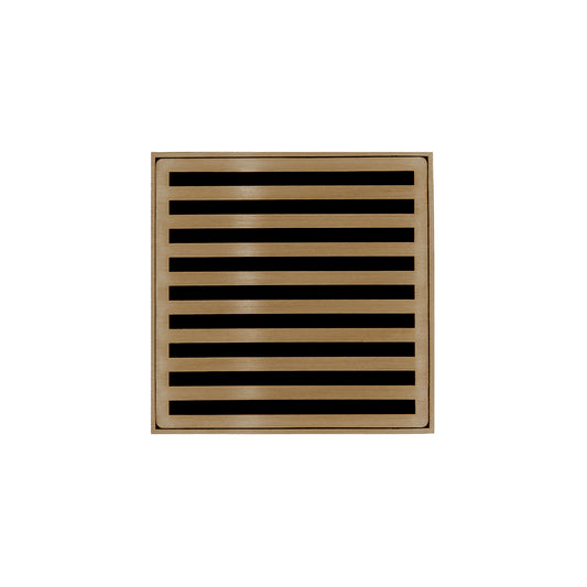 INFINITY DRAIN ND 4-2I SB ND 4 4" x 4" ND 4 Complete Kit with Lines Pattern Decorative Plate in Satin Bronze with Cast Iron Drain Body, 2" Outlet