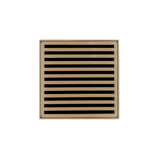 INFINITY DRAIN NDB 5-A SC ND 5 5" x 5" NDB 5 Complete Kit with Lines Pattern Decorative Plate in Satin Champagne with ABS Bonded Flange Drain Body, 2", 3" and 4" Outlet